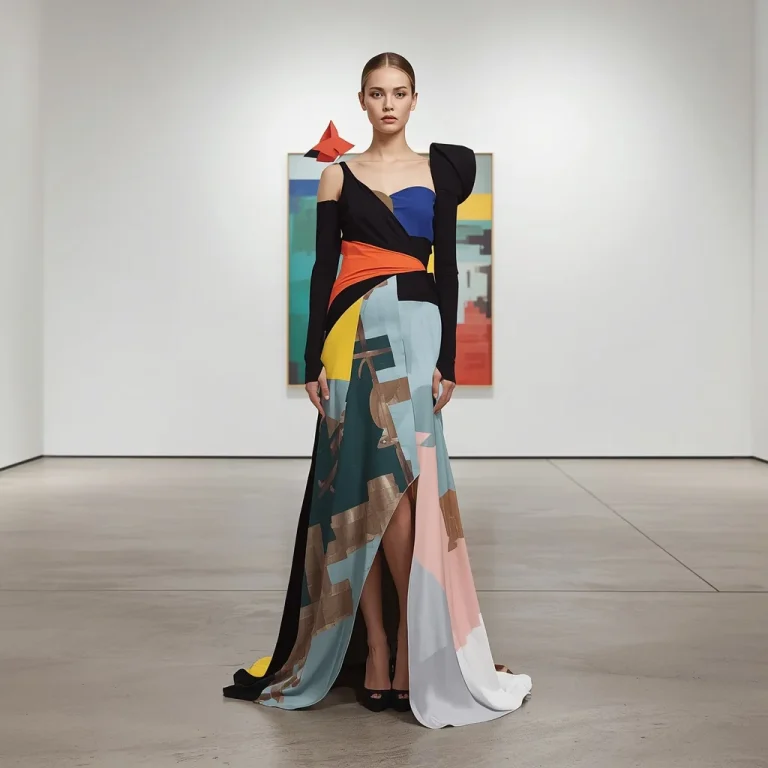 Abstract Art Inspired Gown with Architectural Silhouettes for Gallery | Editing Prompt girl Aesthetic