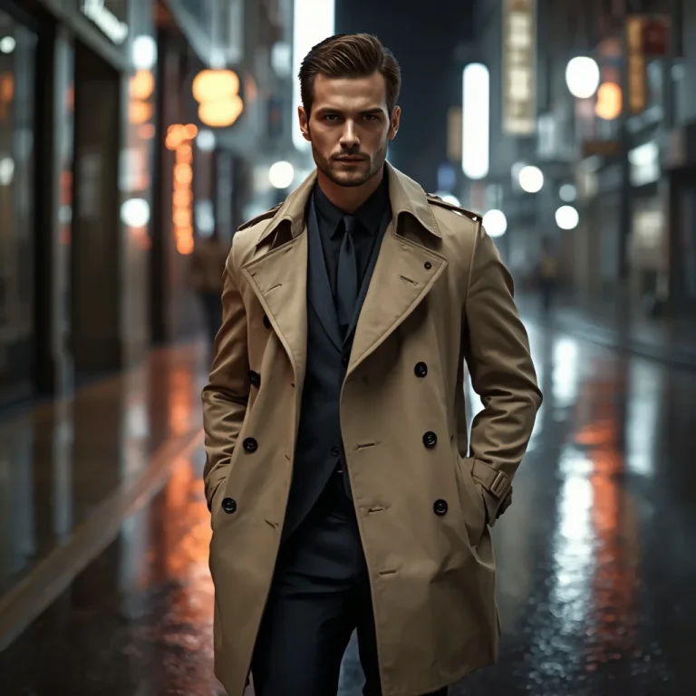 Man in a Modern Trench Coat, Urban Rainy Street | boy attitude ai prompt