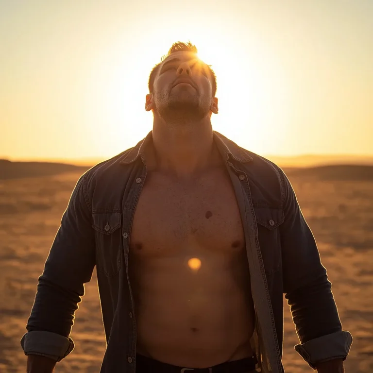 Man in Powerful Stance, Backlit by Sun, Desert Backdrop | copy paste ai prompt