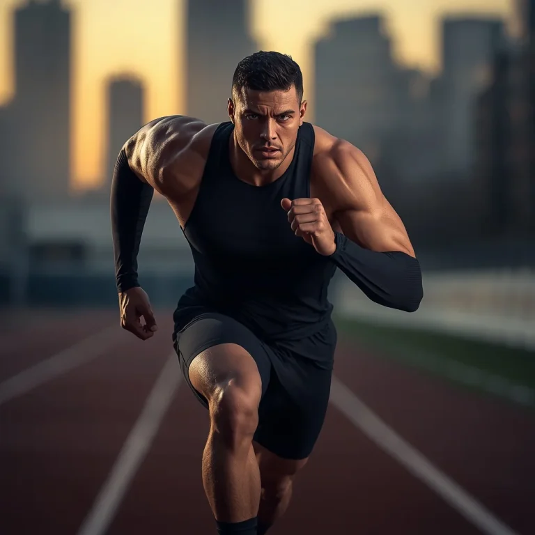 Masculine Power in a Dynamic Running Pose | Fitness Model Prompt