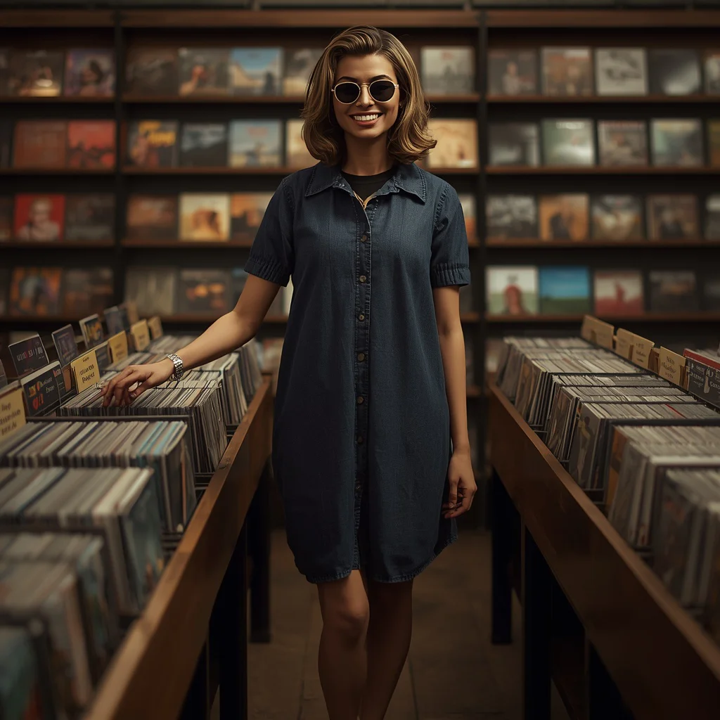 Modern Denim A-Line Dress in a Vintage Record Store | Trending prompt in instagram ai photo girls