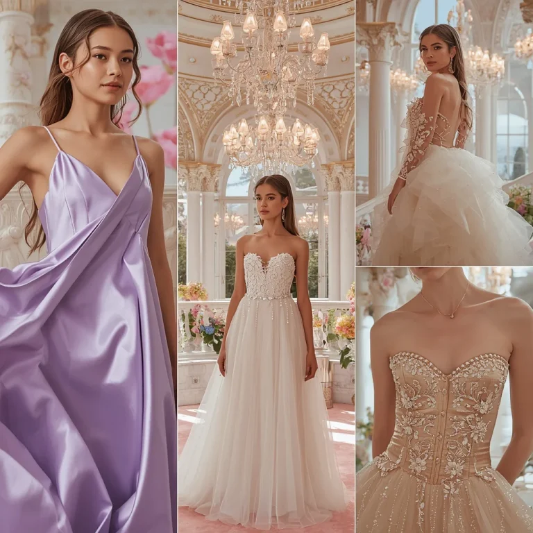The Crystal Rosewater Palace of Dreamy Ivory Satin | Majestic Couture Collage