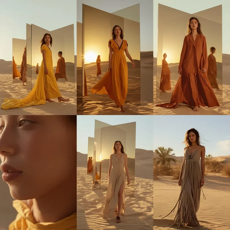 The Golden Desert Dunes of Flowing Silk Gowns | Editorial Collage Featuring