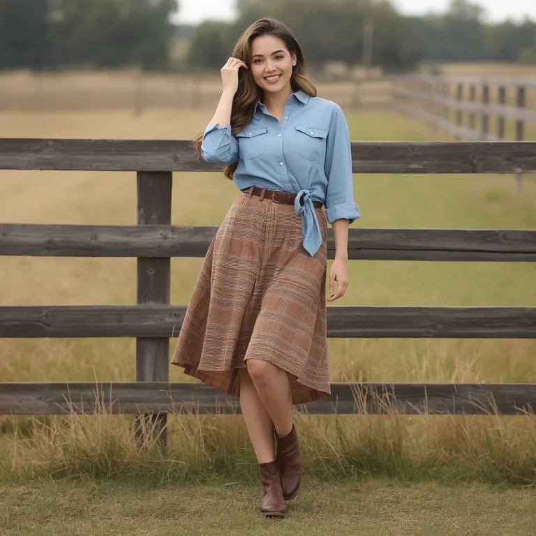 Western Inspired: A Plaid Midi Skirt and Denim Shirt | Stylish Casual Full-body
