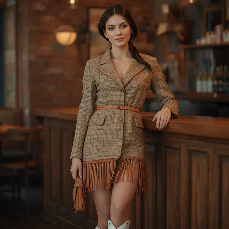 Western-Inspired Tweed Blazer Dress with Fringe and Cowboy Boots | Prompt ai for girl instagram