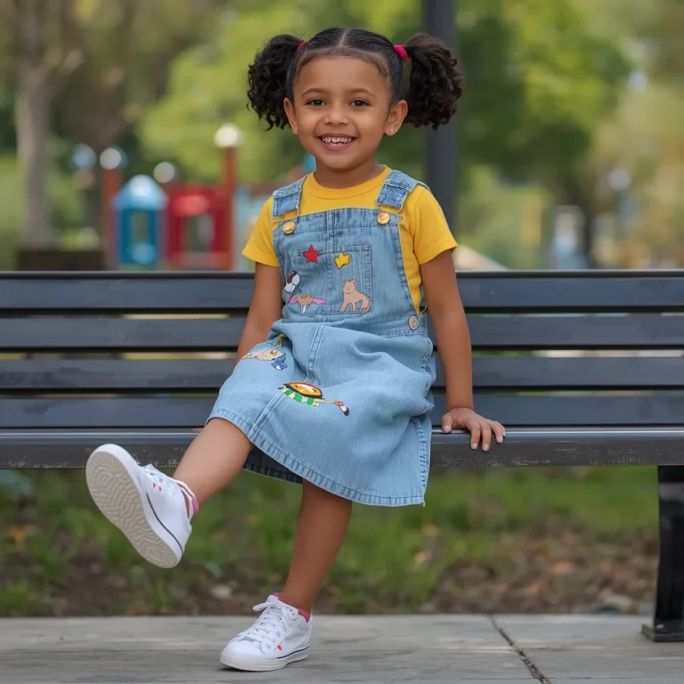 Youthful Charm: A Denim Overall Dress with Playful Patches in an Urban Park | retro style prompt for gemini girl instagram